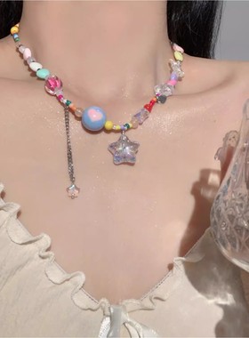 夏日多巴胺彩色爱心叠戴项链2024甜酷辣妹串珠糖果色海边锁骨链女