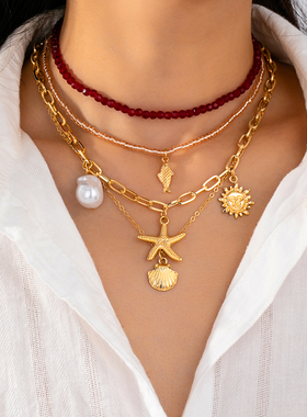 金色太阳海星贝壳珍珠吊坠项链四件套 装时尚个性简约百搭气质