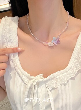 多巴胺彩色水晶串珠花朵项链女轻奢小众锁骨链夏天出游颈链配饰潮