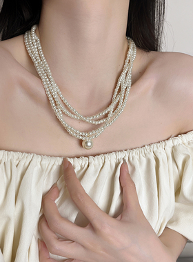 复古vintage多层珍珠项链锁骨链