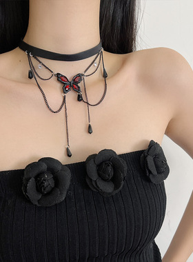 辣妹甜酷风立体红色蝴蝶流苏项圈