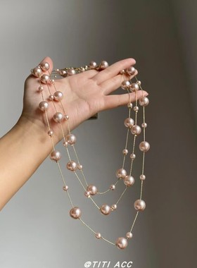 可叠戴！法式优雅玫瑰粉满天星珍珠项链女老钱风气质多层长毛衣链