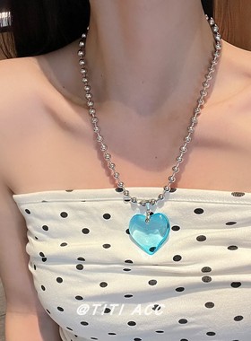 蓝色爱心金属圆珠链条项链甜酷风Y2K辣妹简约小众锁骨链个性颈链