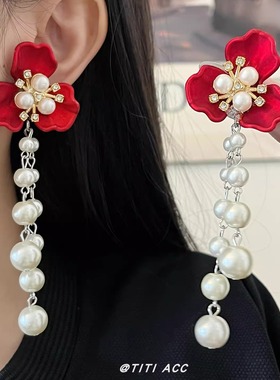 复古风红色花朵珍珠项链女款甜美长款流苏耳环轻奢小众两件套配饰