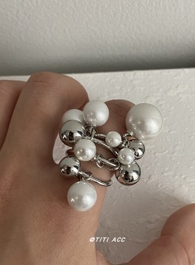 夸张气质韩系小众重工串珠珍珠戒指精致高级感百搭指环女食指戒潮