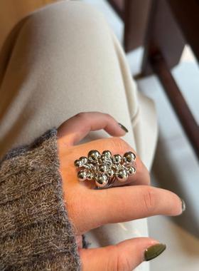 复古金属质感银色串珠戒指女ins