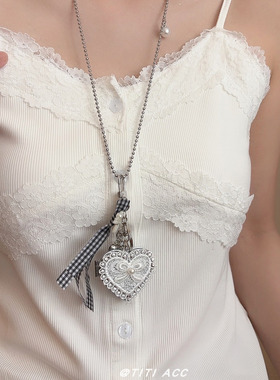 ins风蕾丝蝴蝶结爱心镜子项链女甜酷百搭锁骨链小众高级感毛衣链