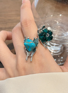 复古绿松石琉璃花朵手工串珠戒指