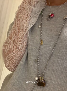 冷淡风虎眼石包包吊坠长款项链女一款多戴复古时尚优雅毛衣链腰链