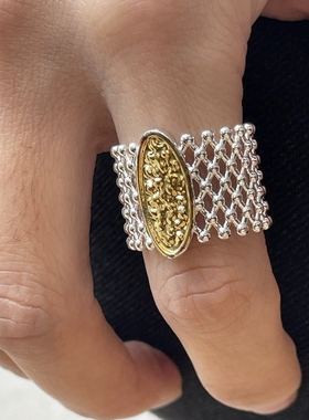 中古vintage金银镂空蕾丝肌理感宽版开口食指戒指精致时尚指环女