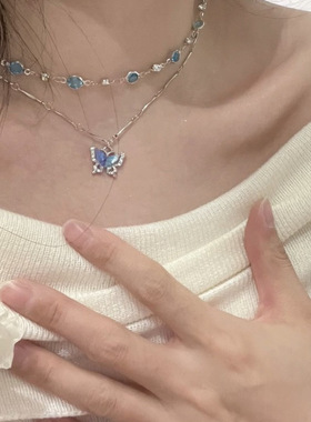 夏日蓝色双层锆石蝴蝶项链轻奢高级感小众设计颈链气质百搭锁骨链