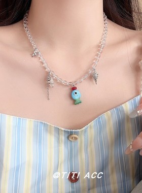 甜美少女蓝色串珠蛋糕小丑鱼海螺吊坠项链小众设计气质百搭锁骨链