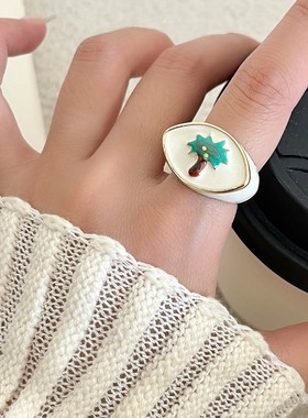 小香风彩绘棕榈树花朵眼睛开口戒指女2025秋冬新款复古高级感指环