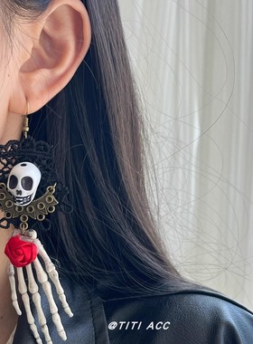 万圣节限定黑色蕾丝玫瑰花项链女暗黑哥特风骷髅锁骨链choker颈链