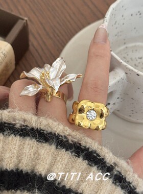 复古撞色滴釉郁金香戒指女轻奢高级感方形镶锆宽版指环时髦手饰潮