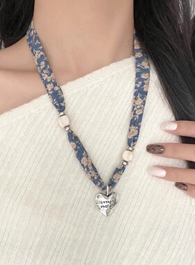 复古美拉德碎花丝巾项链爱心水滴花朵多元素民族风毛衣链挂脖配饰