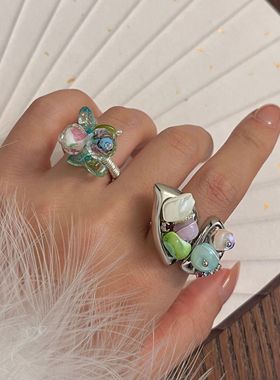 y2k夏天彩色天然石碧玺蝴蝶戒指