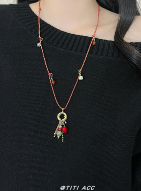 2025新款民族风彩色流苏项链女配饰小众设计双色编织绳长款毛衣链