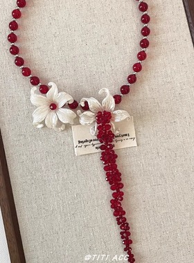 千金感!鸽血红串珠鸢尾花长项链女巨显白超绝氛围感choker锁骨链