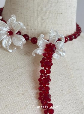 复古鸢尾花红色串珠流苏项链小众气质时尚高级感锁骨链choker颈链