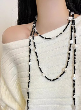 甜酷风黑色蕾丝巴洛克珍珠项链女choker锁骨链轻奢气质简约毛衣链