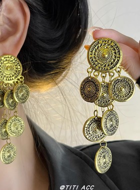 老钱风中古vintage圆形金币流苏项链女高级感新款复古做旧毛衣链