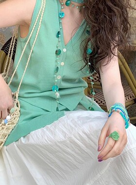 夏日小众孔雀蓝绿珠贝壳流苏项链长款波西米亚度假风锁骨链女颈链