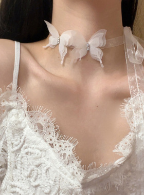 超仙森系镶钻蝴蝶缎带新款项链女
