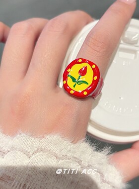 开运红色发财戒指女个性滴油简约指环高级感小众设计食指戒配饰潮