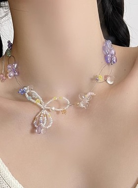 绿野仙踪花朵项链少女心度假风琉璃水晶蝴蝶结锁骨链森系清新颈链