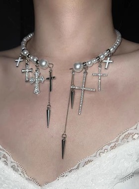 欧美ins风镶钻十字架流苏珍珠锁骨链女时尚甜酷辣妹项链个性颈链