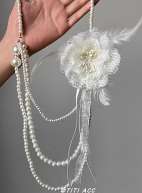 复古白色蕾丝花朵多层珍珠项链女配饰轻奢高级感气质百搭毛衣链新