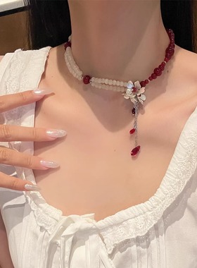 复古鸢尾花红色串珠高级感项链女