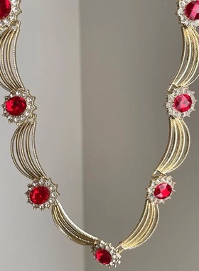 复古宫廷风红色锆石项链女轻奢贵气高级感超闪颈链vintage锁骨链