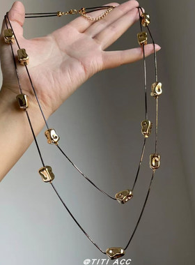 中古Vintage不规则金色碎石项链女老钱风轻奢双层叠戴黑绳毛衣链