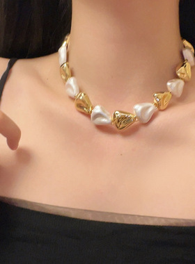 金属白色异形巴洛克珍珠拼色项链