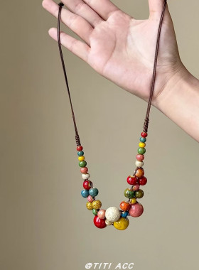 新中式复古彩色陶瓷串珠项链女民族风长款毛衣链小众设计感锁骨链