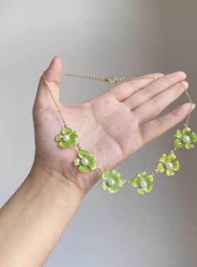 森系小清新绿色四叶草珍珠项链