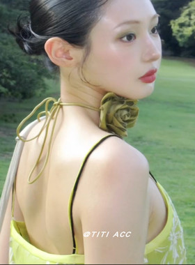 法式老钱~绿色玫瑰花颈链项链女立体花朵锁骨链时尚甜美颈部配饰