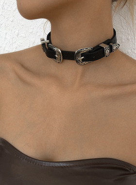 朋克暗黑风皮带项圈女锁骨链颈链