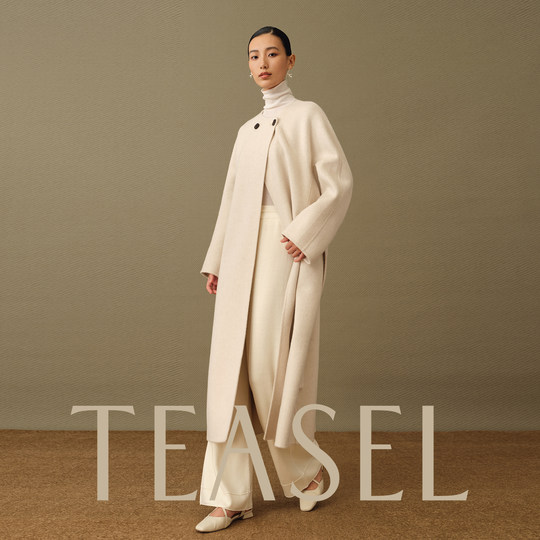 Silk camel velvet detachable scarf collar waisted long coat