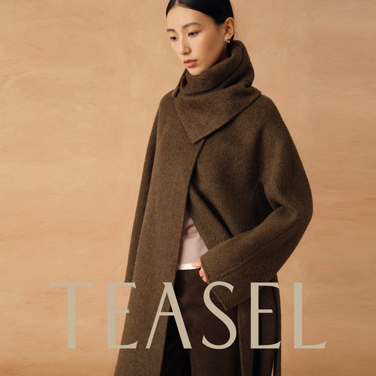 Silk camel velvet detachable scarf collar waisted long coat