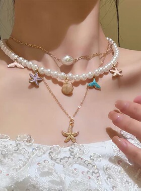 度假风金色多层贝壳串珠项链女海边沙滩度假配饰锁骨链颈链高级感