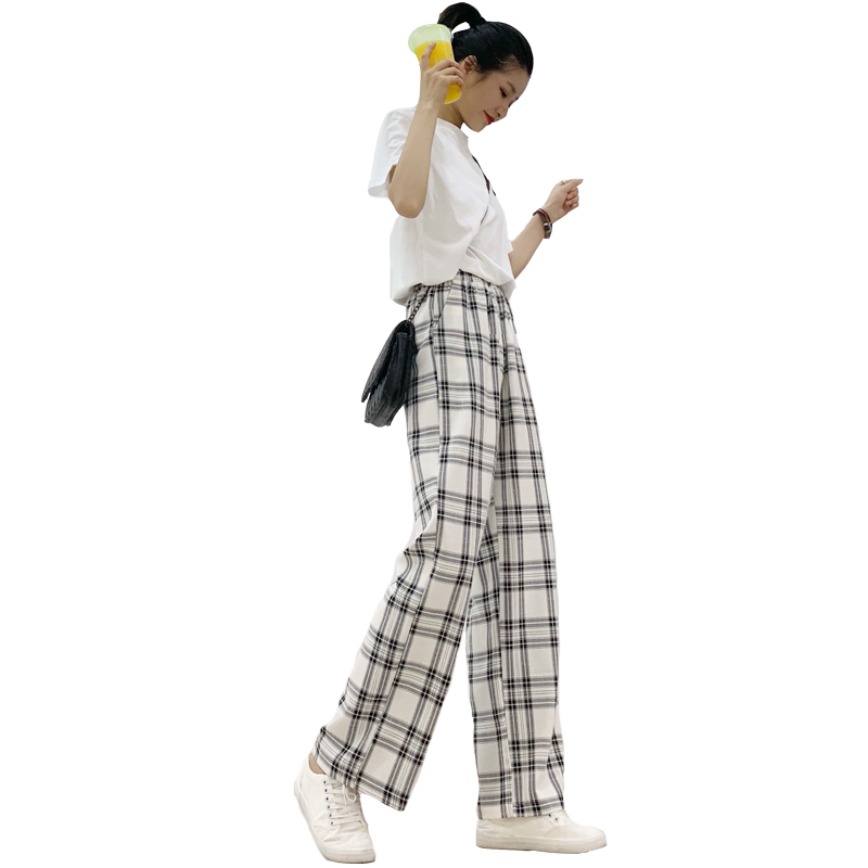 正点女孩旗舰店坠感格子阔腿裤女夏薄款显瘦百搭韩版高腰垂感宽松直筒拖地休闲裤0