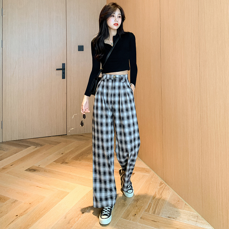 正点女孩旗舰店格子裤女春秋新款高腰垂感宽松阔腿裤韩版显瘦直筒休闲拖地裤2