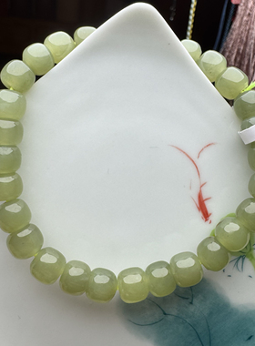 女士饰品天然和田玉手链青黄口老型珠手串桶珠单圈简约6*7mm