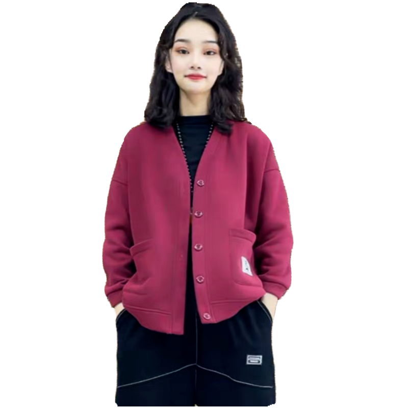 加绒加厚宽松显瘦女士卫衣秋冬2022新款爆款时尚洋气V领开衫外套 - 图3