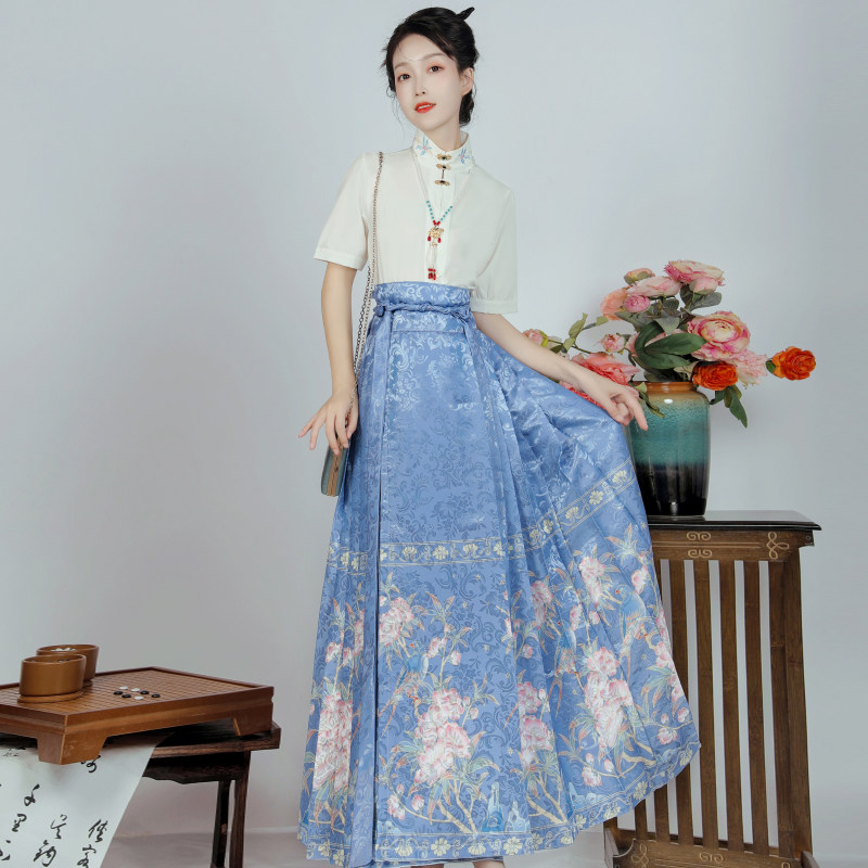 湘夫人原创汉服女【碧桃花鸟】新中式气质国风短袖马面裙夏款套装,淘宝优惠券,粉丝福利购,淘宝优惠卷