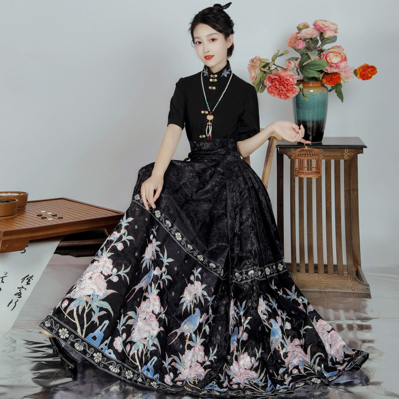 湘夫人原创汉服女【碧桃花鸟】新中式气质国风短袖马面裙夏款套装,淘宝优惠券,粉丝福利购,淘宝优惠卷