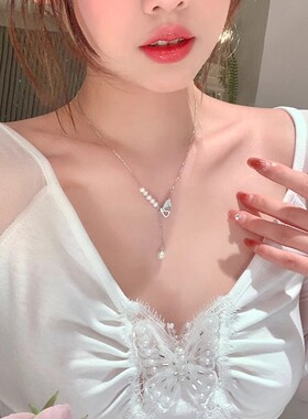 韩系镶钻蝴蝶珍珠流苏项链女轻奢小众高级感颈链配饰锁骨链choker